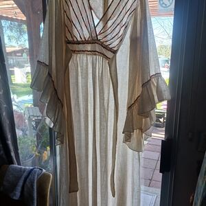 Cream Long Sleeve Maxi Dress with Red Trim